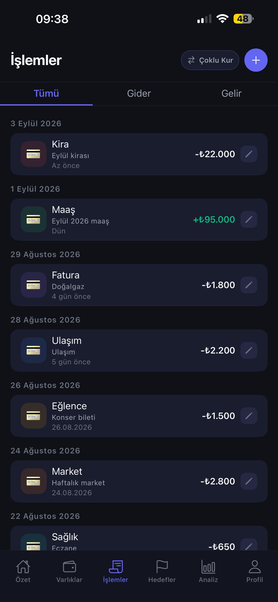 Varlio işlemler ekranı — kira, maaş ve fatura